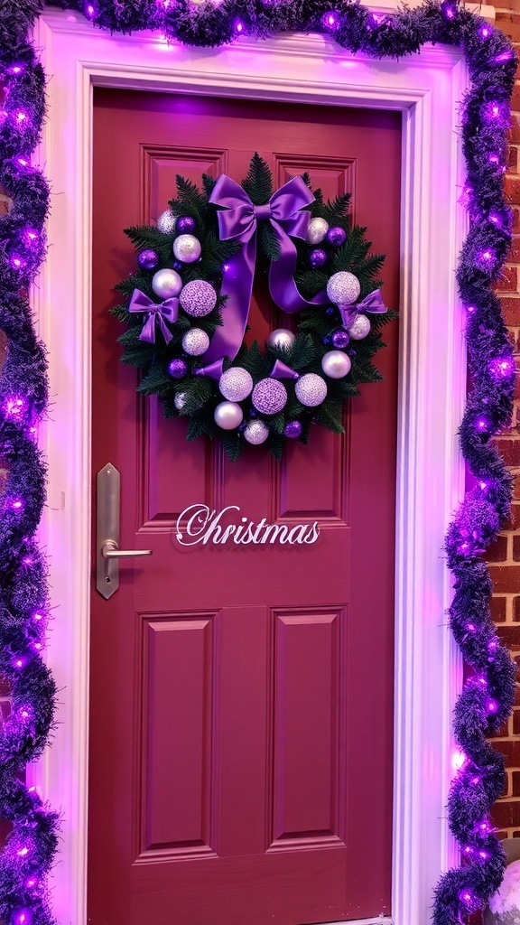 A Christmas door decorated with a purple wreath and garland, illuminated by purple lights, set against a snowy backdrop.
